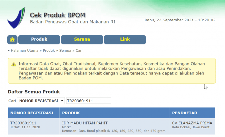 bukti idr madu hitam sudah berizin bpom ri